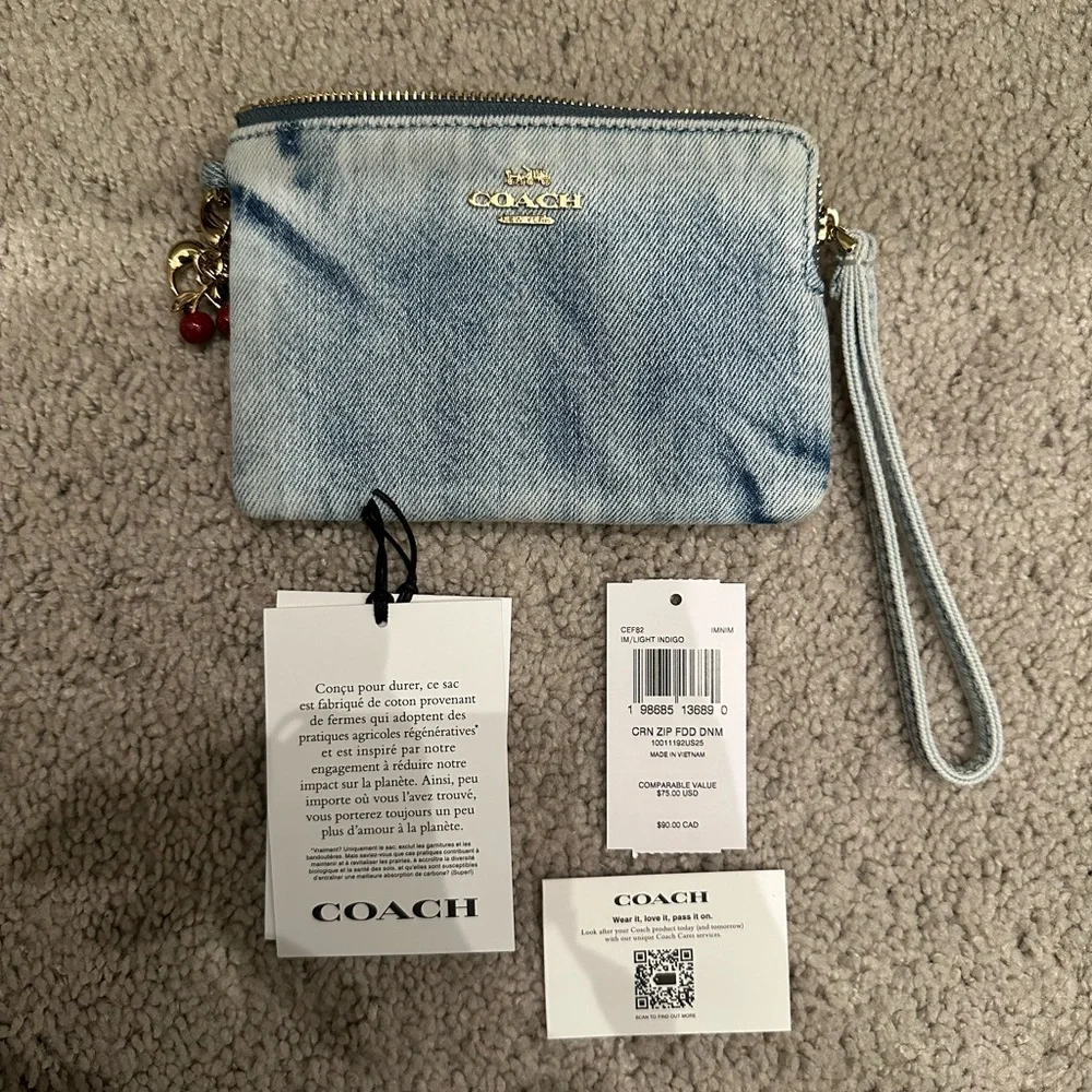 NWT Coach Corner Zip Wristlet with 2 Charms in Loved Denim Gold/Light Indigo
